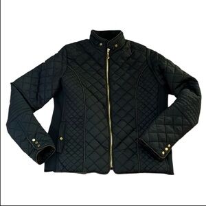 YMI Quilted Jacket Black and Tan Fur Lined Gold Accents